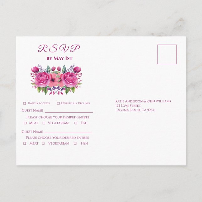Invitation Carte Postale Bouquet-mariage couleur rose Aquarelle RSVP- (Dos)