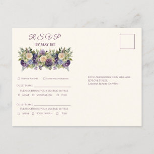 Invitation Carte Postale Bouquet-Mariage de fleurs violettes Aquarelle RSVP