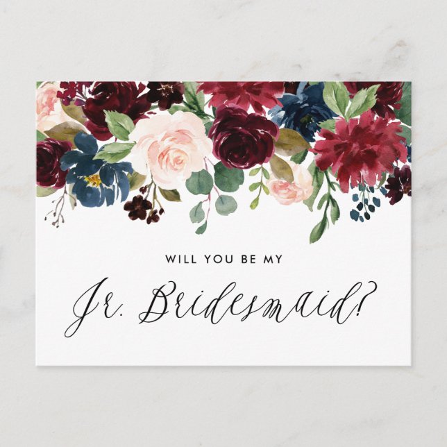 Invitation Carte Postale Bourgogne et bleu Floral Garland Junior Bridesmaid (Devant)