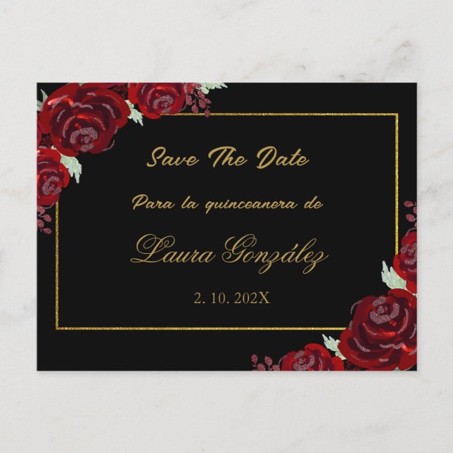 Invitation Carte Postale Bourgogne noir Save the Date quinceañera (Devant)
