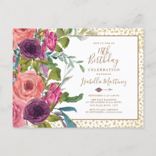 Invitation Carte Postale Bourgogne rose Floral Gold Parties scintillant 18e