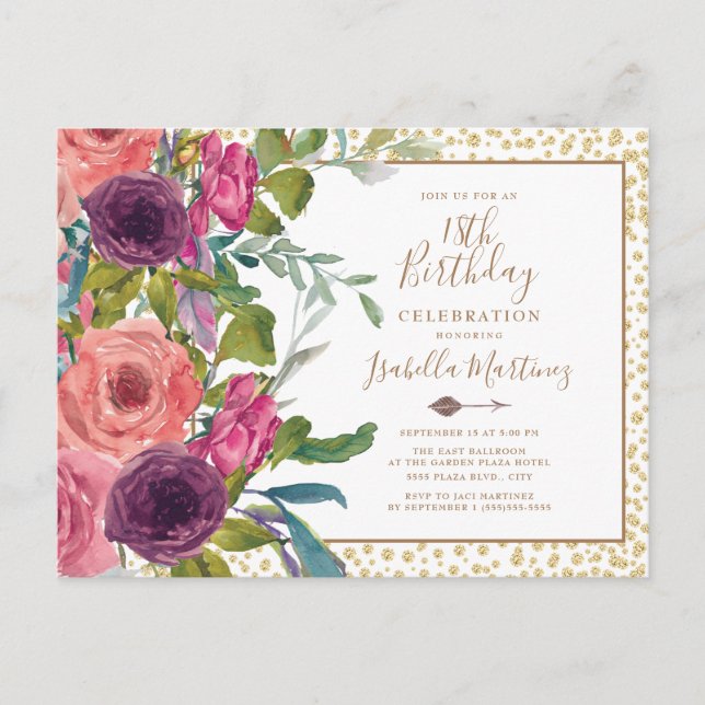 Invitation Carte Postale Bourgogne rose Floral Gold Parties scintillant 18e (Devant)