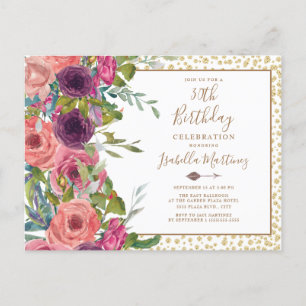 Invitation Carte Postale Bourgogne rose Floral Gold Parties scintillant 30e