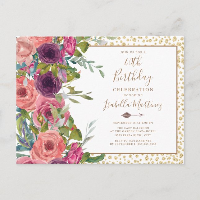 Invitation Carte Postale Bourgogne rose Floral Gold Parties scintillant 40e (Devant)