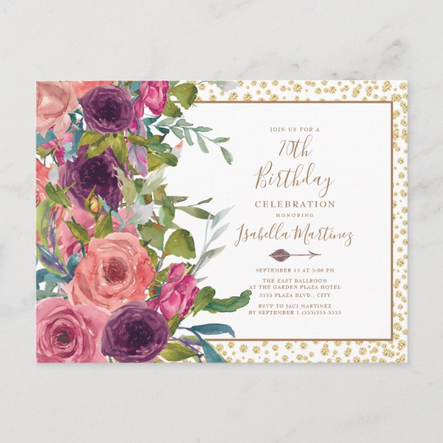 Invitation Carte Postale Bourgogne Rose Floral Gold Parties scintillant 70e (Devant)