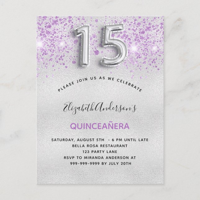 Invitation Carte Postale Boutons de parties scintillant violet argent de Qu (Devant)