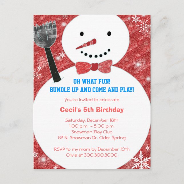 Invitation Carte Postale Bow cravate Snowman Enfants d'hiver fête d'anniver (Devant)