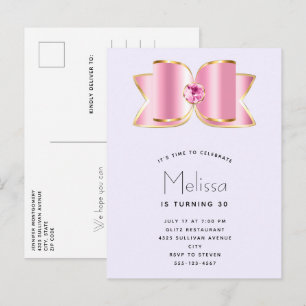 Invitation Carte Postale Bow en verre rose avec un centre Gemstone Annivers