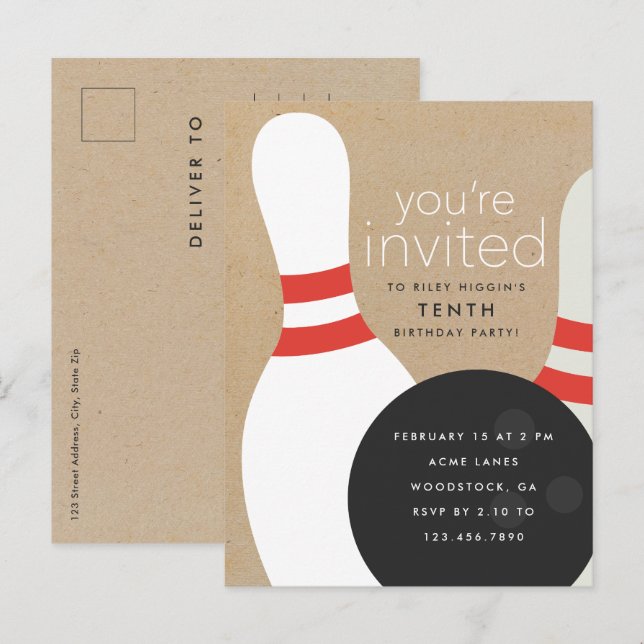 Invitation Carte Postale Bowling fête d'anniversaire (Devant / Derrière)
