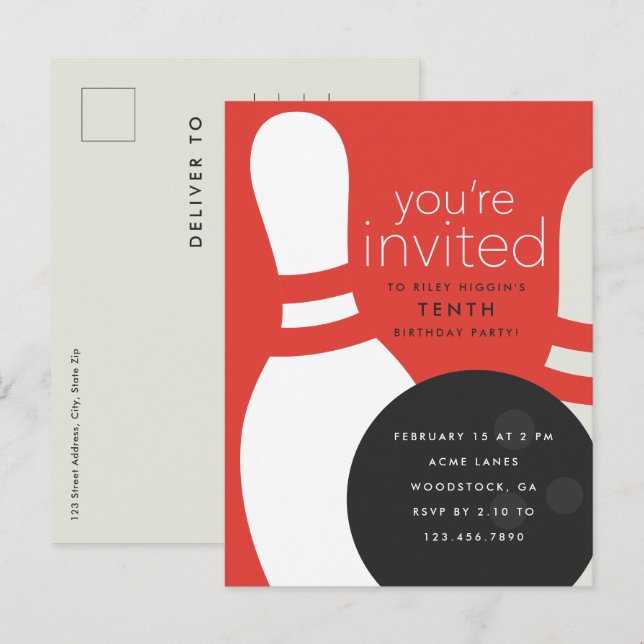Invitation Carte Postale Bowling fête d'anniversaire (Devant / Derrière)