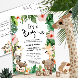 Invitation Carte Postale Boy Jungle Safari Baby shower tropical de verdure