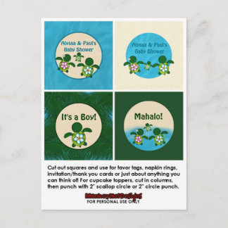 Invitation Carte Postale BOY Sea TURTLE Baby shower Honu Cupcake Topper 02B