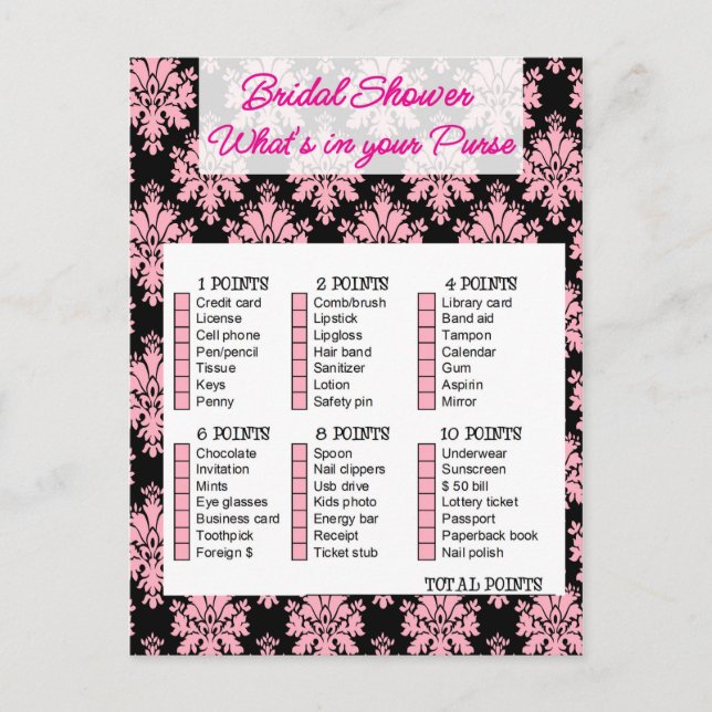 Invitation Carte Postale Bridal Shower game, What i your purse (Devant)