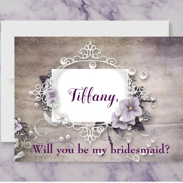 Invitation Carte Postale Bridesmaid Proposition Purple Floral Elégant Thème (Créateur téléchargé)