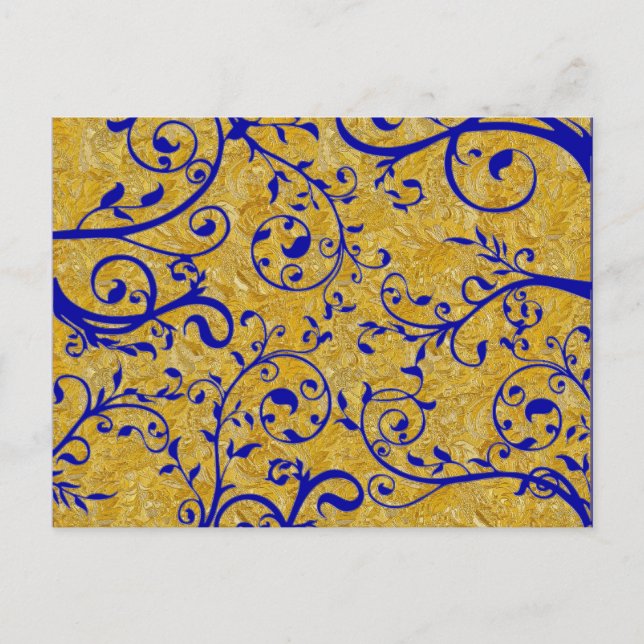 Invitation Carte Postale brocade or et cobalt (Devant)