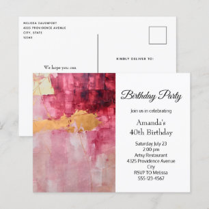 Invitation Carte Postale Brosse artistique touche Gold et rose Anniversaire