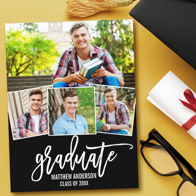 Invitation Carte Postale Brosse moderne Script 4 Photo Graduation Party (Customize to change your personalized text size or text style.)