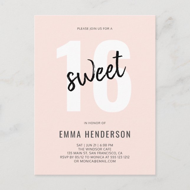 Invitation Carte Postale Brosse moderne Sweet 16 (Devant)