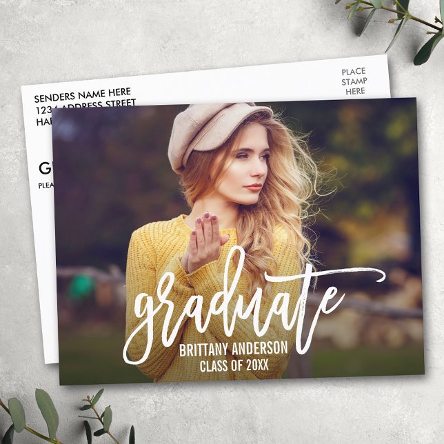 Invitation Carte Postale Brosse moderne tendance Script Photo Graduation Pa (Customize to change your personalized text size or text style.)