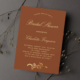 Invitation Carte Postale Brûlé oranger rouille or script douche nuptiale