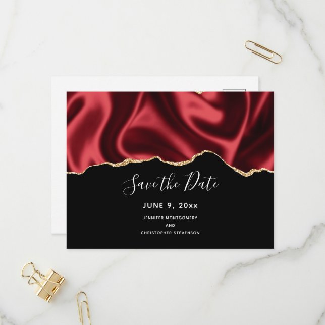Invitation Carte Postale Brun rouge foncé Wavy Satin Design - Enregistrer l (Devant/Arrière en situation)
