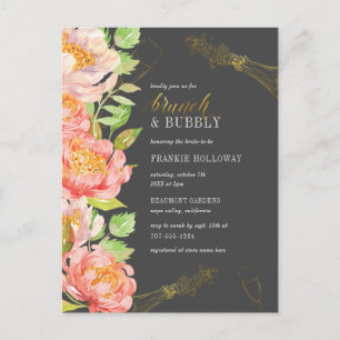 Invitation Carte Postale Brunch & Bubbly   Fête des mariées Black White & G