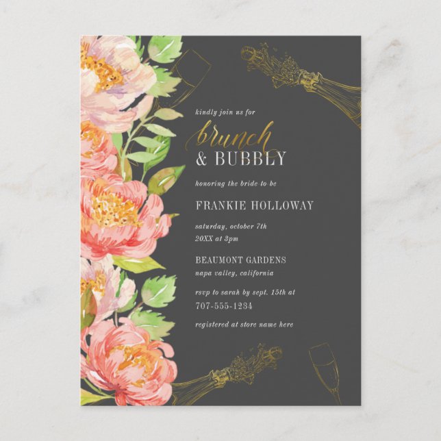 Invitation Carte Postale Brunch & Bubbly | Fête des mariées Black White & G (Devant)