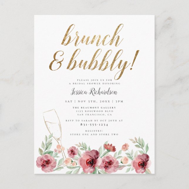 Invitation Carte Postale Brunch & Bubbly | Fête des mariées florale aquarel (Devant)
