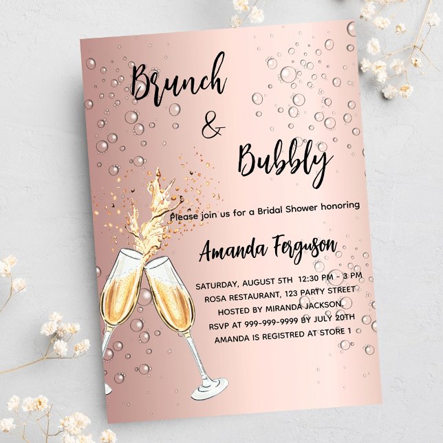 Invitation Carte Postale Brunch Bubbly Fête des mariées rose bulles d'or (Créateur téléchargé)