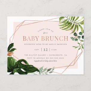 Invitation Carte Postale Brunch géométrique de bébé de verdure d'or rose