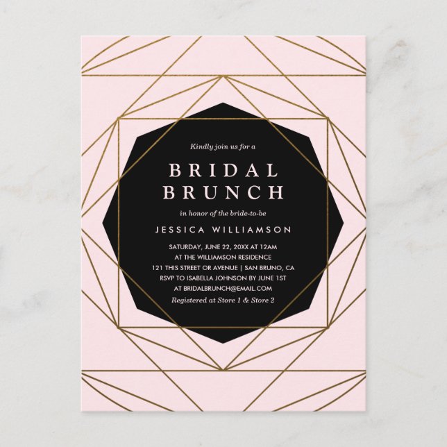 Invitation Carte Postale Brunch nuptial moderne géométrique or, blanc et no (Devant)