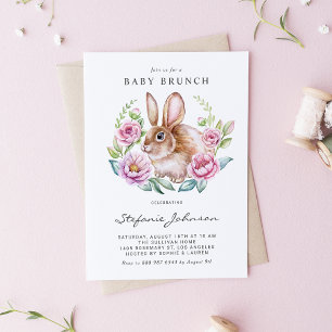 Invitation Carte Postale Brunch pour bébé Lapin à l'aquarelle et fleurs ros