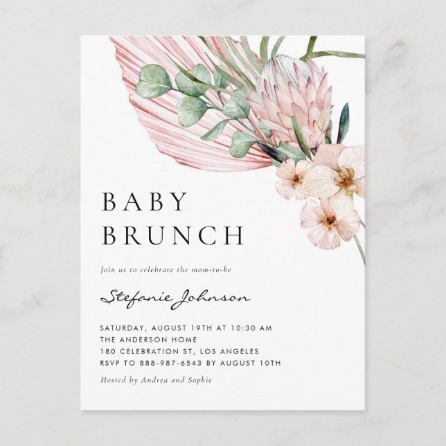 Invitation Carte Postale Brunch pour bébé tropicale Protéa aquarelle rose (Devant)