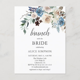 Invitation Carte Postale Budget Boho Blue Beige Flower Brunch Fête des mari