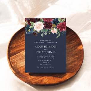 Invitation Carte Postale Budget Boho Navy Blue Burgundy Floral Mariage