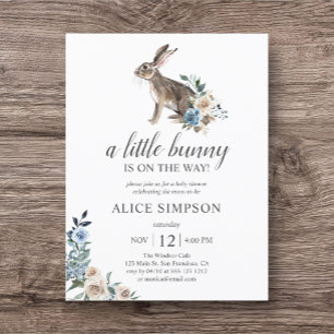Invitation Carte Postale Budget Bunny Boho Dusty Blue Flower Baby shower da