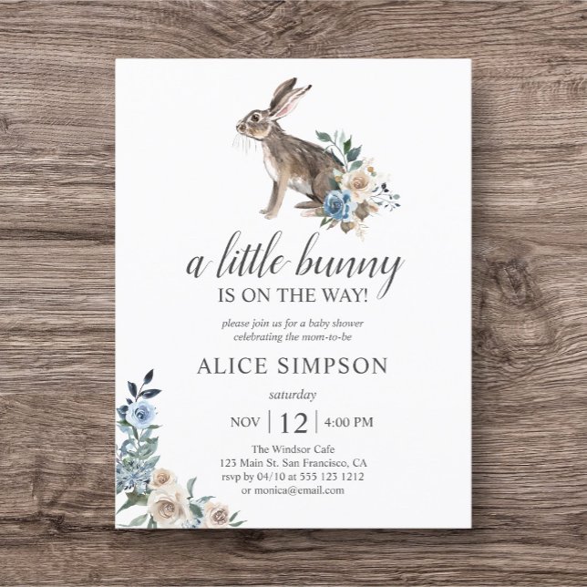 Invitation Carte Postale Budget Bunny Boho Dusty Blue Flower Baby shower da (Créateur téléchargé)