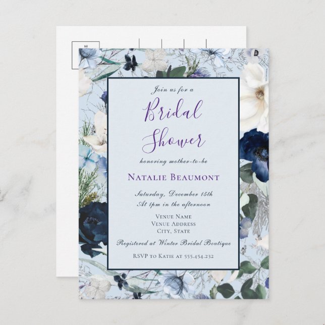 Invitation Carte Postale Budget Dusty Blue Elegant Fête des mariées florale (Devant / Derrière)