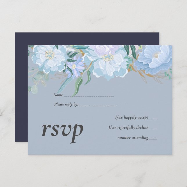 Invitation Carte Postale Budget DUSTY BLUE Foliage Mariage RSVP (Devant / Derrière)