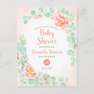 Invitation Carte Postale Budget Eucalyptus Folio Baby shower Floral Pêche
