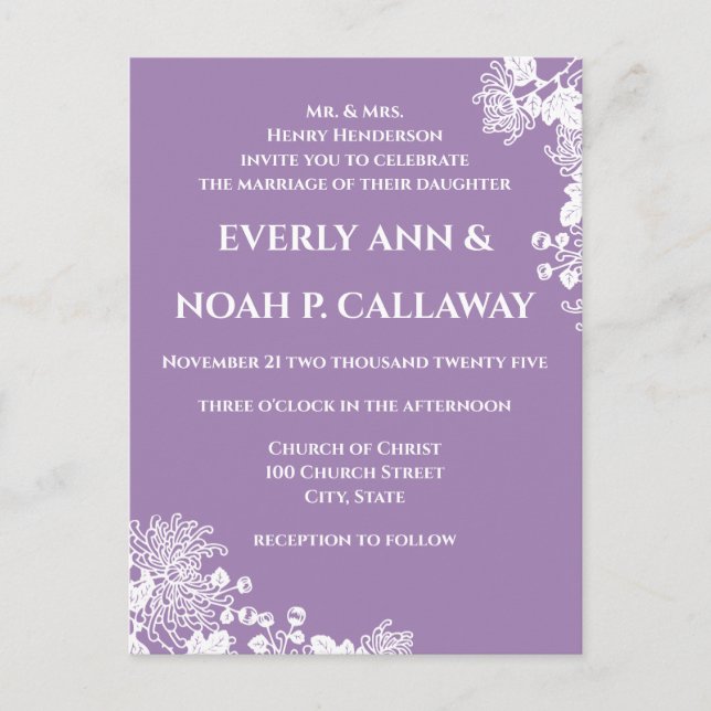 Invitation Carte Postale Budget Friendly Lavender Floral Mariage (Devant)