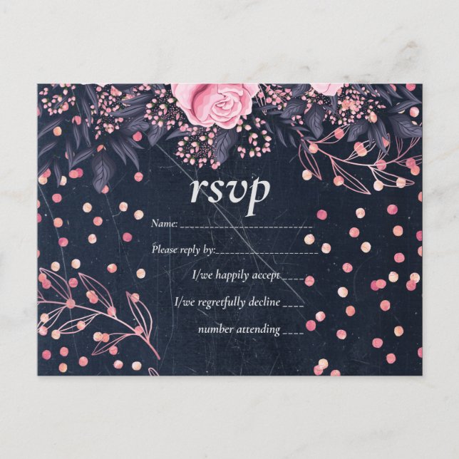 Invitation Carte Postale BUDGET Marine rose Rosegold Mariage Floral (Devant)