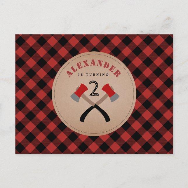Invitation Carte Postale Buffalo Plaid Ax Woodland Lumberjack Anniversaire (Devant)