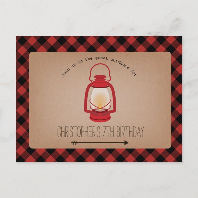Invitation Carte Postale Buffalo Plaid Red Lantern Camping Anniversaire (Devant)