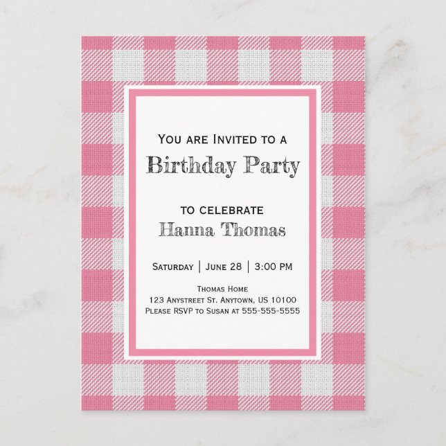 Invitation Carte Postale Buffle rose Plaid Anniversaire (Devant)
