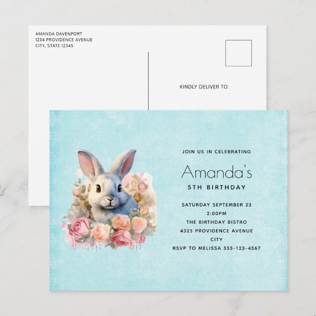 Invitation Carte Postale Bunny with a Garland of Roses Cute Birthday (Devant / Derrière)