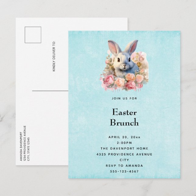 Invitation Carte Postale Bunny with a Garland of Roses Cute Easter (Devant / Derrière)