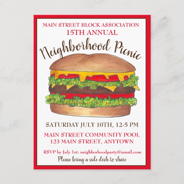 Invitation Carte Postale Burger Hamburger Cheeseburger Pique-nique Cookout  (Devant)