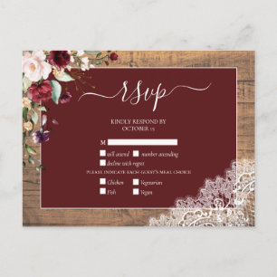 Invitation Carte Postale Burgundy Blush Botanical Lace Bois Mariage RSVP