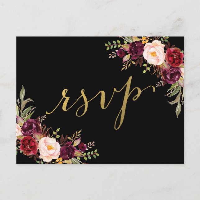 Invitation Carte Postale Burgundy Floral Black Faux Or Carton Mariage RSVP (Devant)